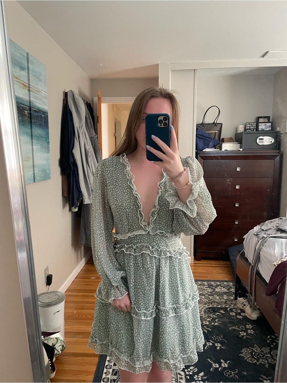 Floral Ruffle V-Neck Mini Dress - Sage Green